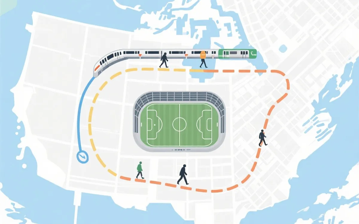 北美三国跨城移动与球场到达动线示意：地铁、城际与步行路径